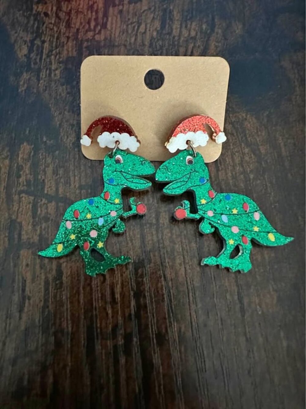Christmas T-Rex Dinosaur Dangle Earrings – Glitter Holiday Earrings